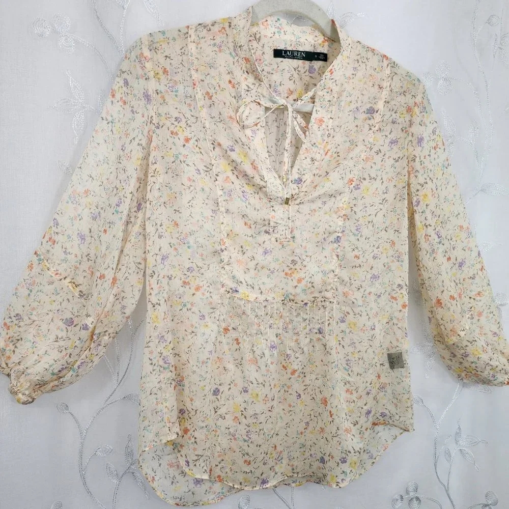 Ralph Lauren Sheer Floral Peach Tunic Style Blouse - Picture 2 of 10